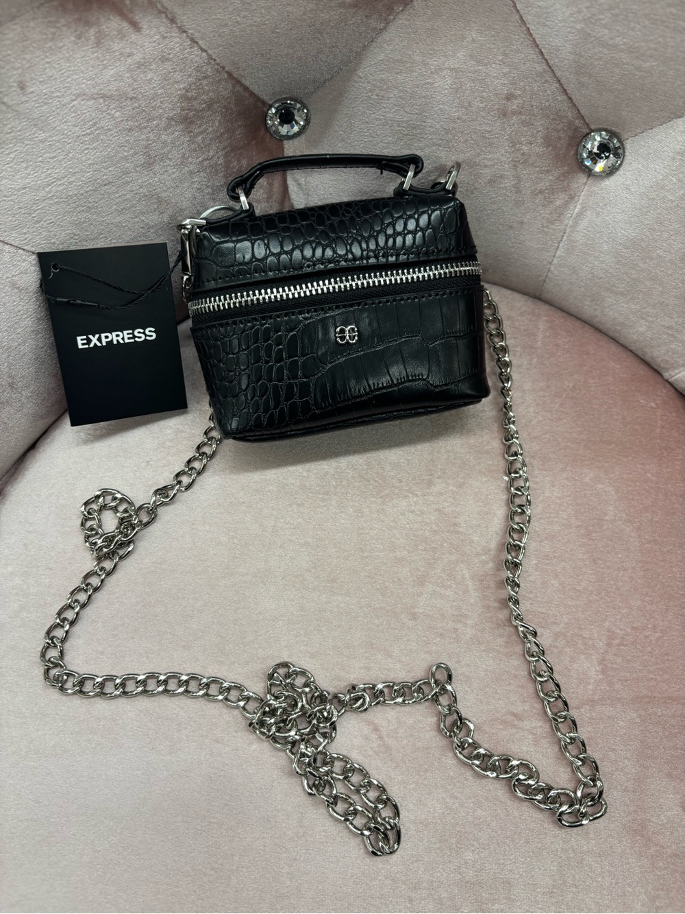 Express Black Croc-Embossed Mini Crossbody with Silver Chain